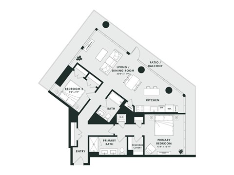 A black and white diagram of a house layout with a dining room, kitchen, two bedrooms, and a bathroom.